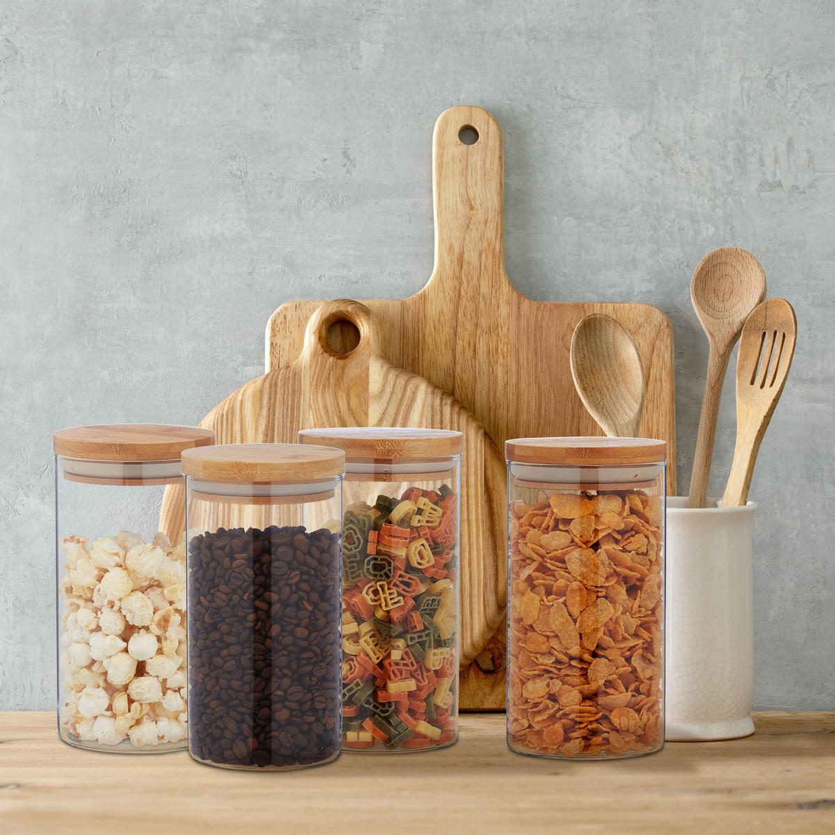 4XVORRATSGLAS - Transparent, Glas/Holz (10/18/10cm) - Relaxdays