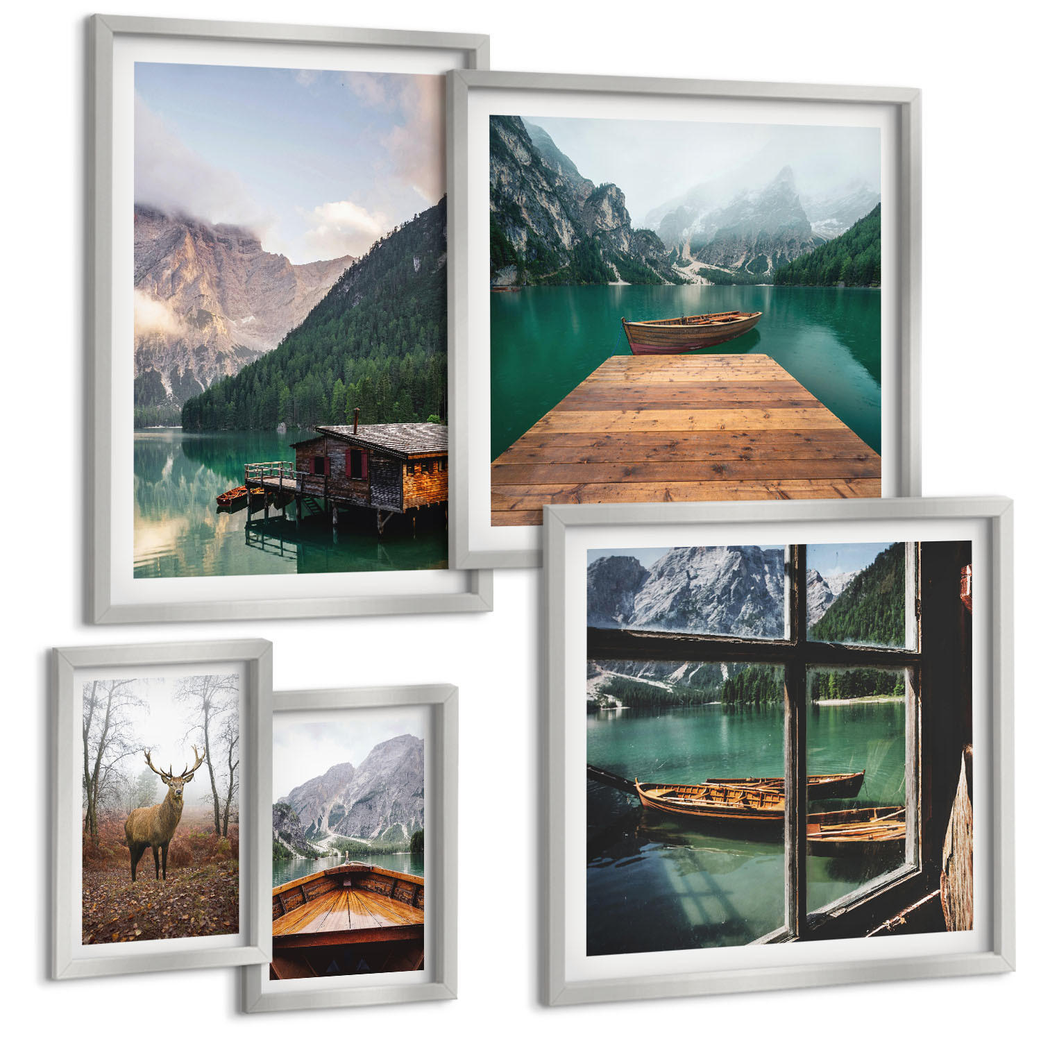 BILDER SET 5er Set - 50x50 cm & 20x30 cm & 40x60 cm Silberner Rahmen - Berglandschaften, Ferienhäuser, Boote - Silberfarben, Kunststoff (40/60cm) - TULUP