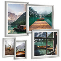 BILDER SET 5er Set - 50x50 cm & 20x30 cm & 40x60 cm Silberner Rahmen - Berglandschaften, Ferienhäuser, Boote - Silberfarben, Kunststoff (40/60cm) - TULUP