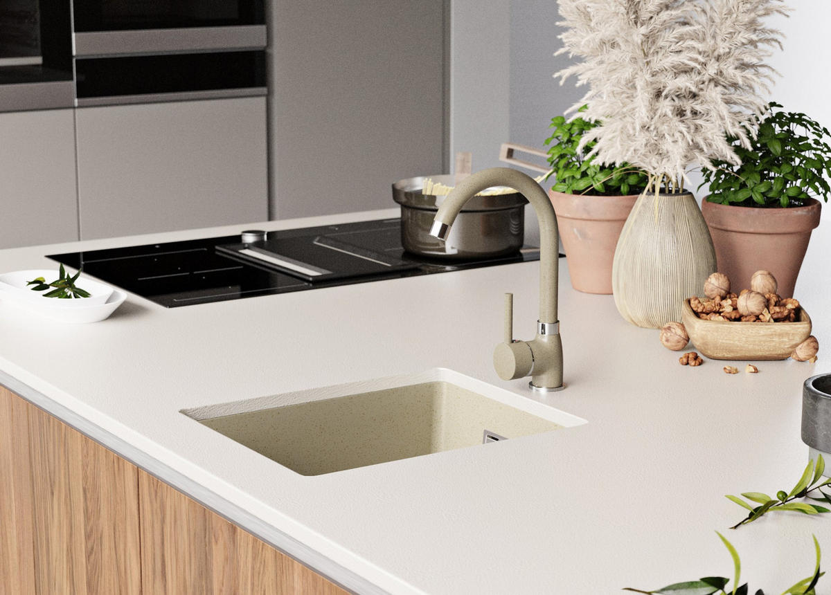 UNTERBAUSPÜLE GRANIT London, 2-er set Beige 36/47 cm 1 Becken + Küchenarmatur 38/14 cm + Ablauf-Set ab 40er Unterschrank - Beige, Kunststoff (36/20/47cm) - Primagran