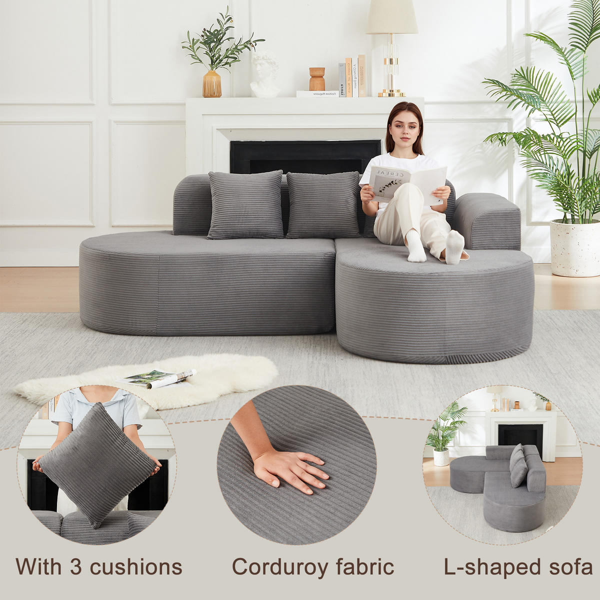 ECKSOFA 220/155/70 cm Grau Cord mit 3 Kissen, Rechte Seite - Grau, Textil (220/155cm) - Oxeza