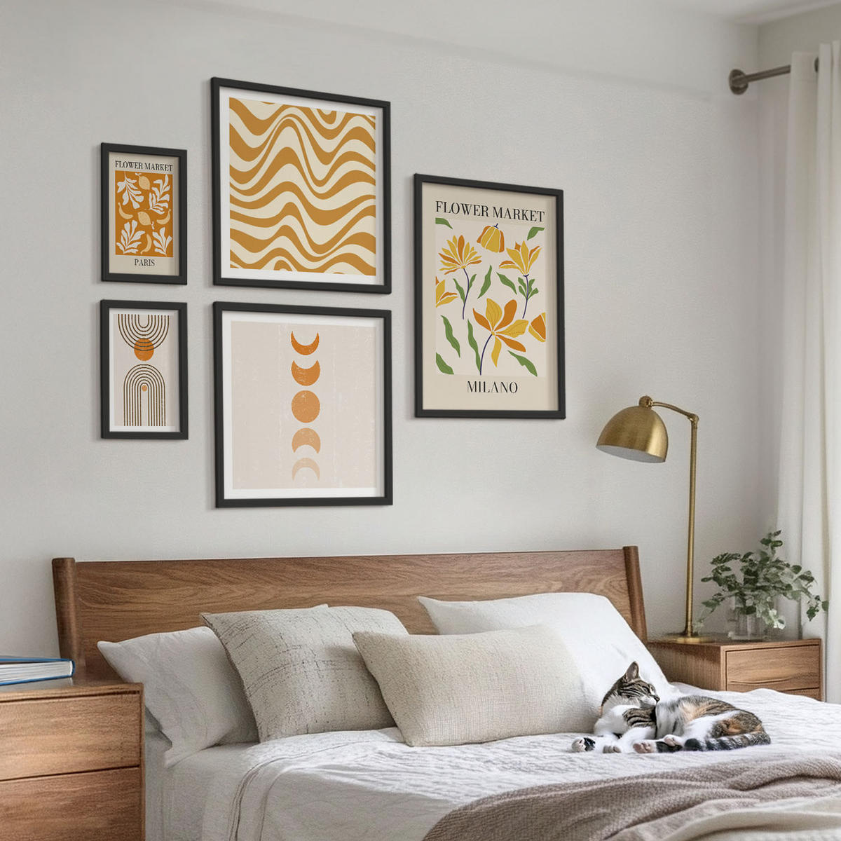 BILDER SET 5er Set - 50x50 cm & 20x30 cm & 40x60 cm Schwarzer Rahmen - Geometrische Pflanzenmuster - Schwarz, Kunststoff (40/60cm) - TULUP