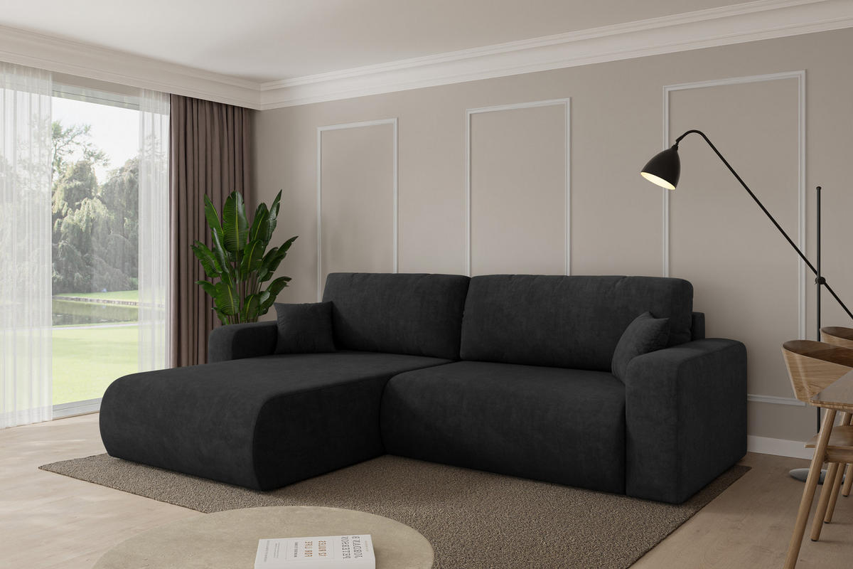 ROHOVÁ SEDAČKA s funkcí spaní, otoman vlevo BERY-L 276x193x88 černá velur - černá, kompozitní dřevo/textil (276/193cm) - ALTDECOR