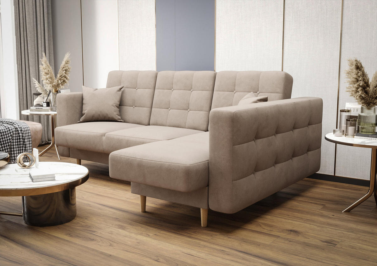 ECKSOFA KONGO RBN12, Eckcouch in L-Form mit Schlaffunktion, Farbe: Beige, Velourstoff, Ottomane Rechts - Beige, Textil (225/158cm) - O-Sofa