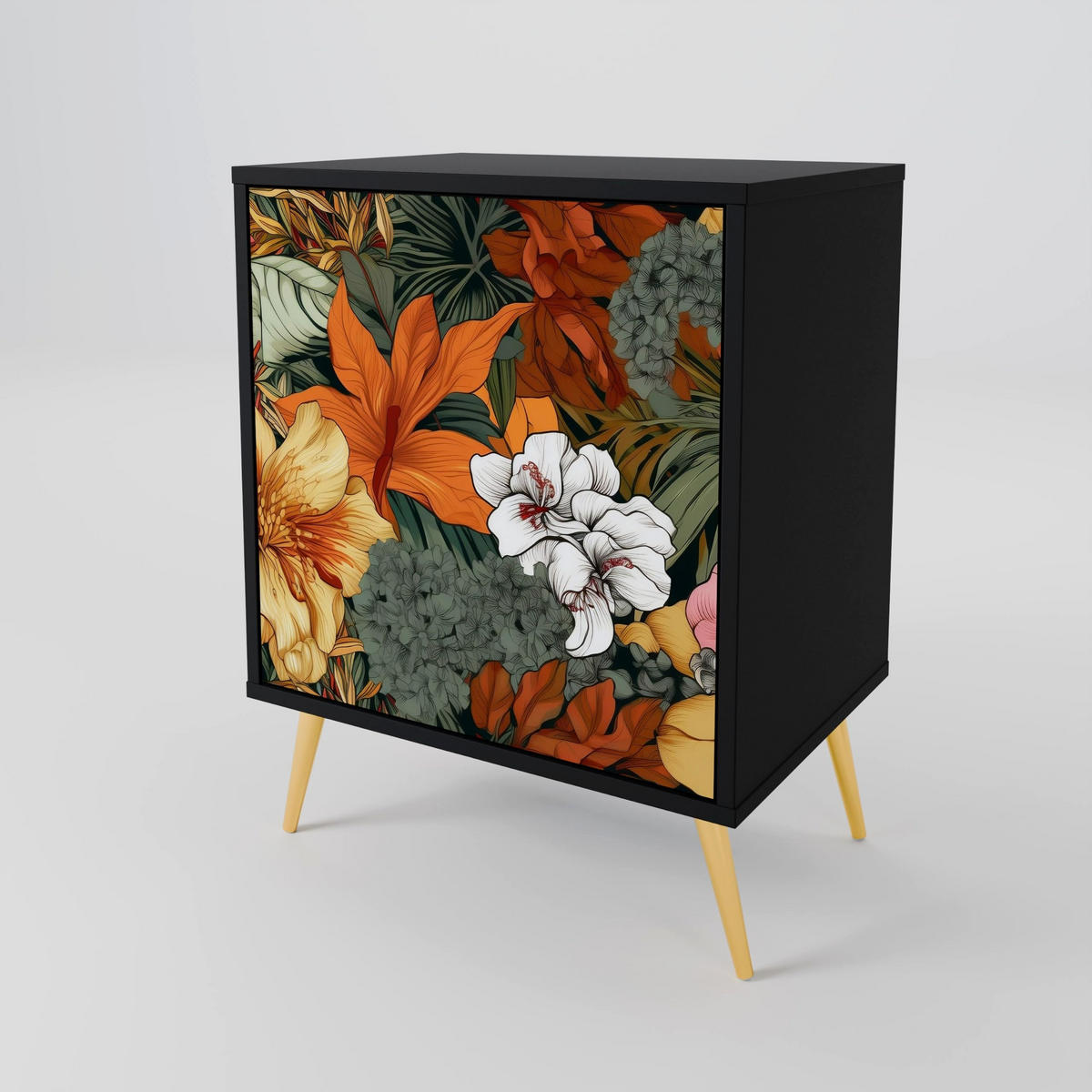 SIDEBOARD RADIANT FLORA, Schwarz, 57,5x42x67,5 cm, Schwarze Metall-Rahmenfüße - Multicolor/Schwarz, Holzwerkstoff/Metall (57.5/67.5/42cm) - SpaceRebels