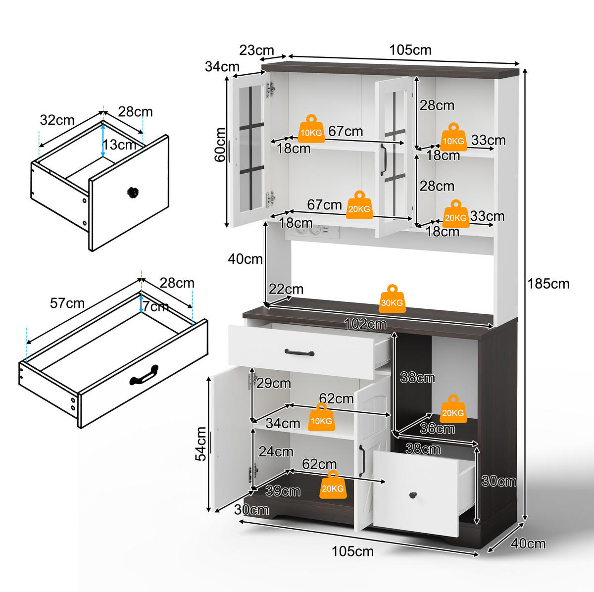 BUFFETSCHRANK 105/40/185 cm Natur/Weiß aus MDF mit LED und Steckdosen - Naturfarben, Holzwerkstoff (105/185/40cm) - OKWISH