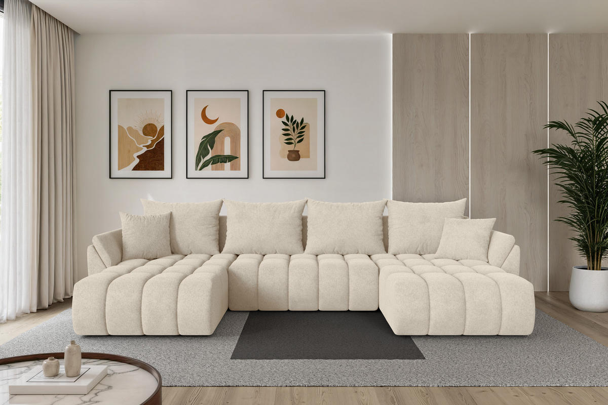 SEDACÍ SOUPRAVA DO U s funkcí spaní a úložným prostorem TOKO-U-v1 378x194x86 krémová velur - černá/krémová, kompozitní dřevo/textil (378/86/194cm) - ALTDECOR