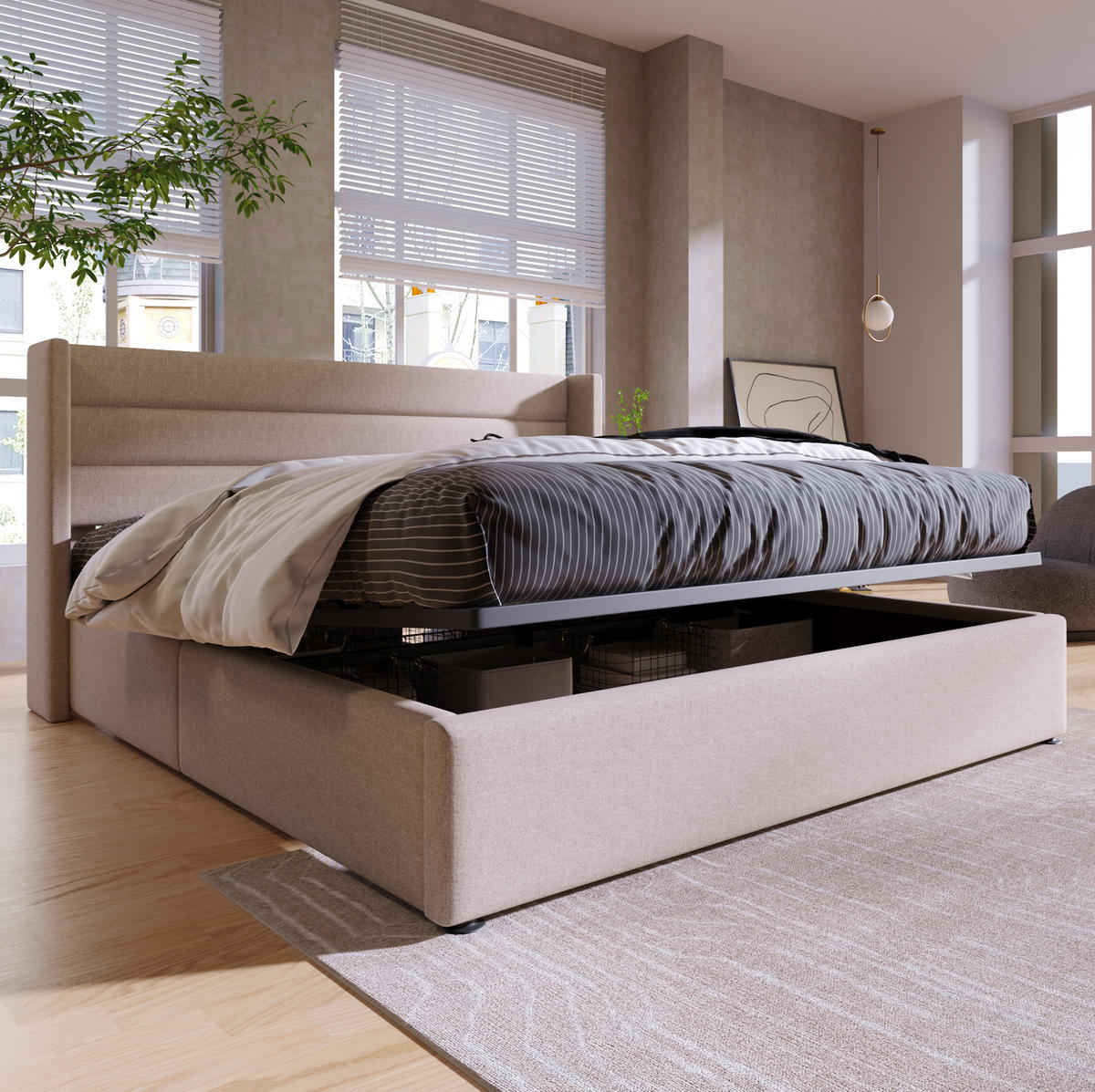 POLSTERBETT mit Bettkasten 180x200 cm Leinen Beige - Beige, Metall (180/200cm) - Meubliv
