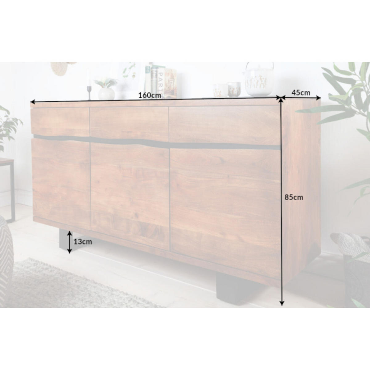 SIDEBOARD MAMMUT Akazie 160cm - Schwarz/Braun, Holz/Metall (160/85/45cm) - riess-ambiente