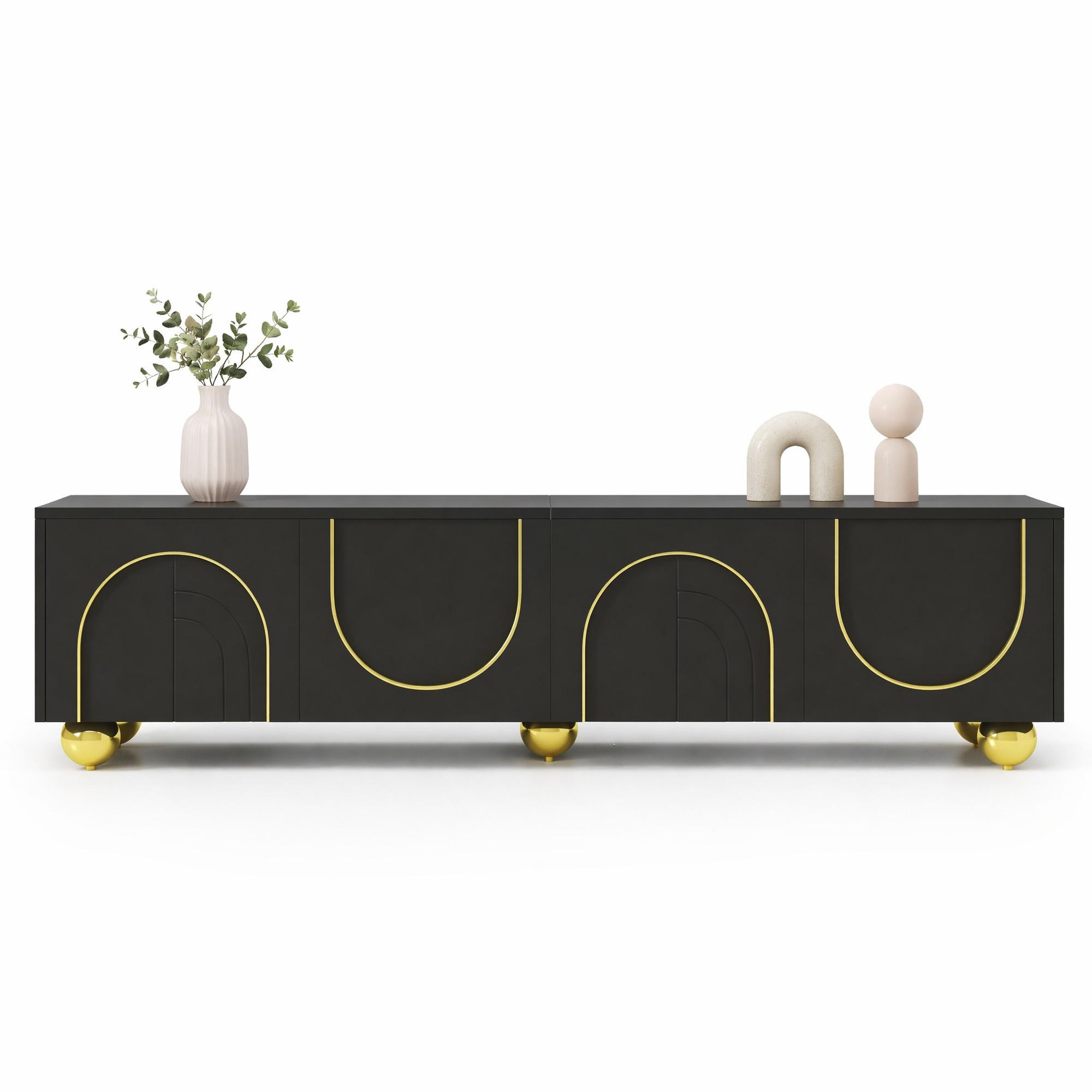 LOWBOARD in Schwarz und Gold TV-Schrank mit strukturierten Türen für Wohnzimmer, B170/T38/H44 cm - Goldfarben/Schwarz, Holzwerkstoff/Metall (170/44/38cm) - STILVORA