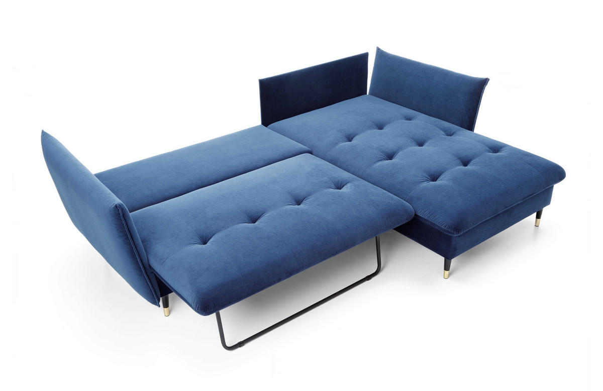 ECKSOFA GLAM mit Schlaffunktion, Ottomane & goldenen Füßen – Samtsofa im Glamour-Stil mit Zierkissen, 258x167x91 cm, rechte, blau​ - Blau, Holz/Textil (258/167cm) - DomoHome