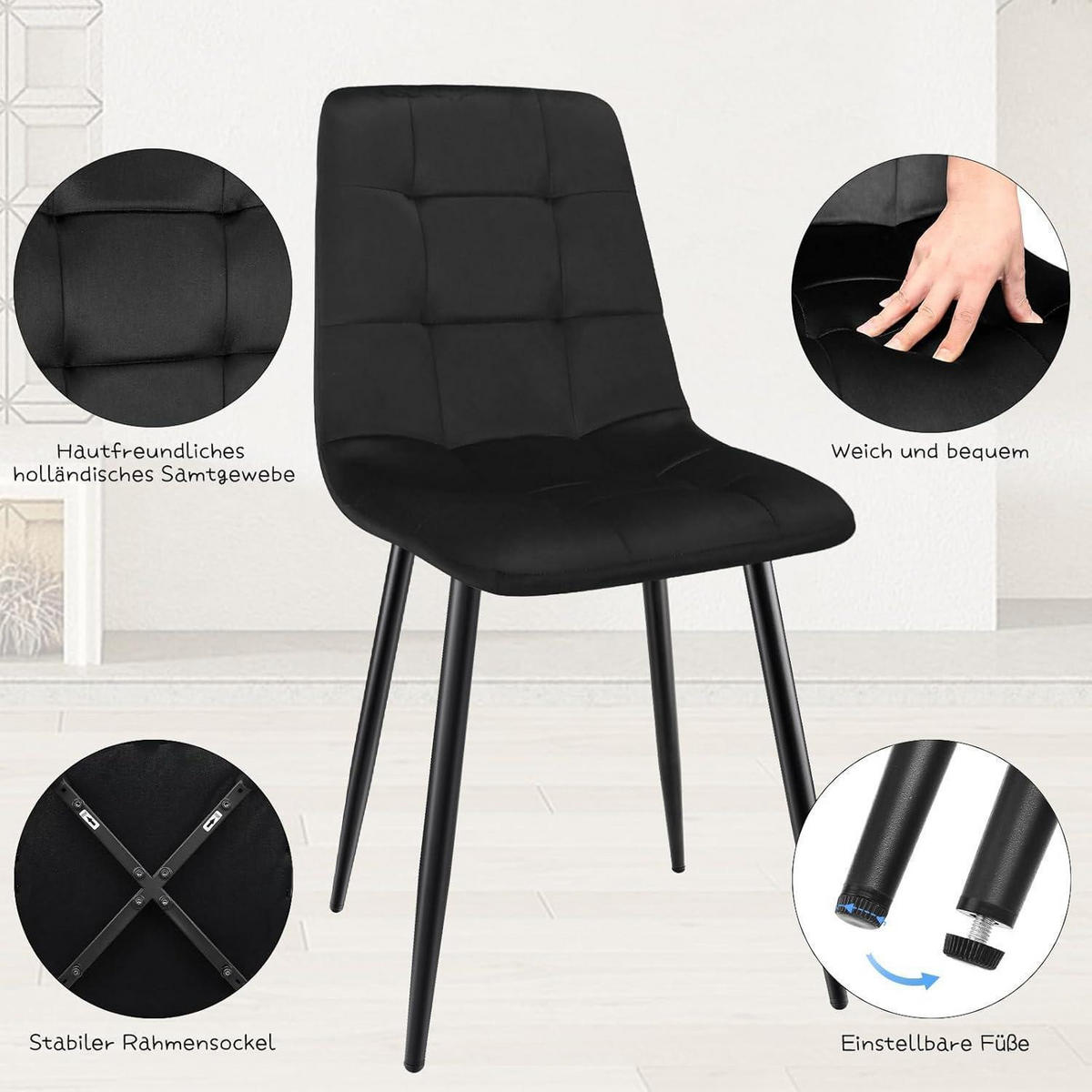 ESSZIMMERSTÜHLE 4er Set Schwarz Samtoptik Metallfuß - Schwarz, Textil (44/89/42cm)