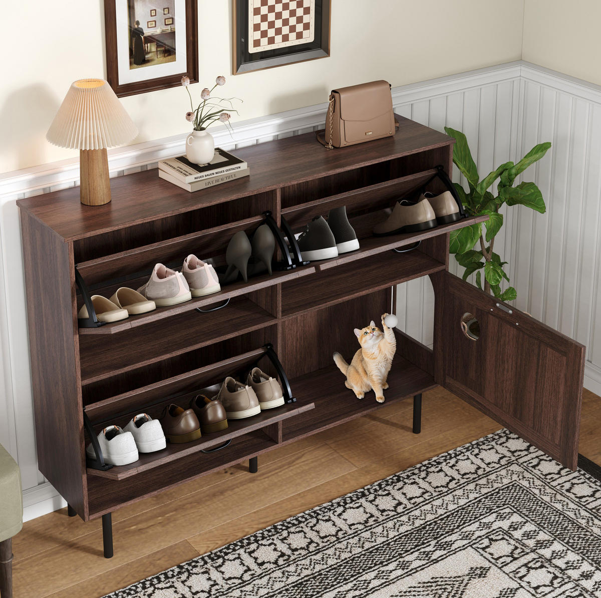 SCHUHSCHRANK 120/28/92 cm mit 4 Türen, 3 Klappen und integriertem Katzenspielzeug, Natur-Walnuss - Naturfarben, Holzwerkstoff (120/92/28cm) - Redom