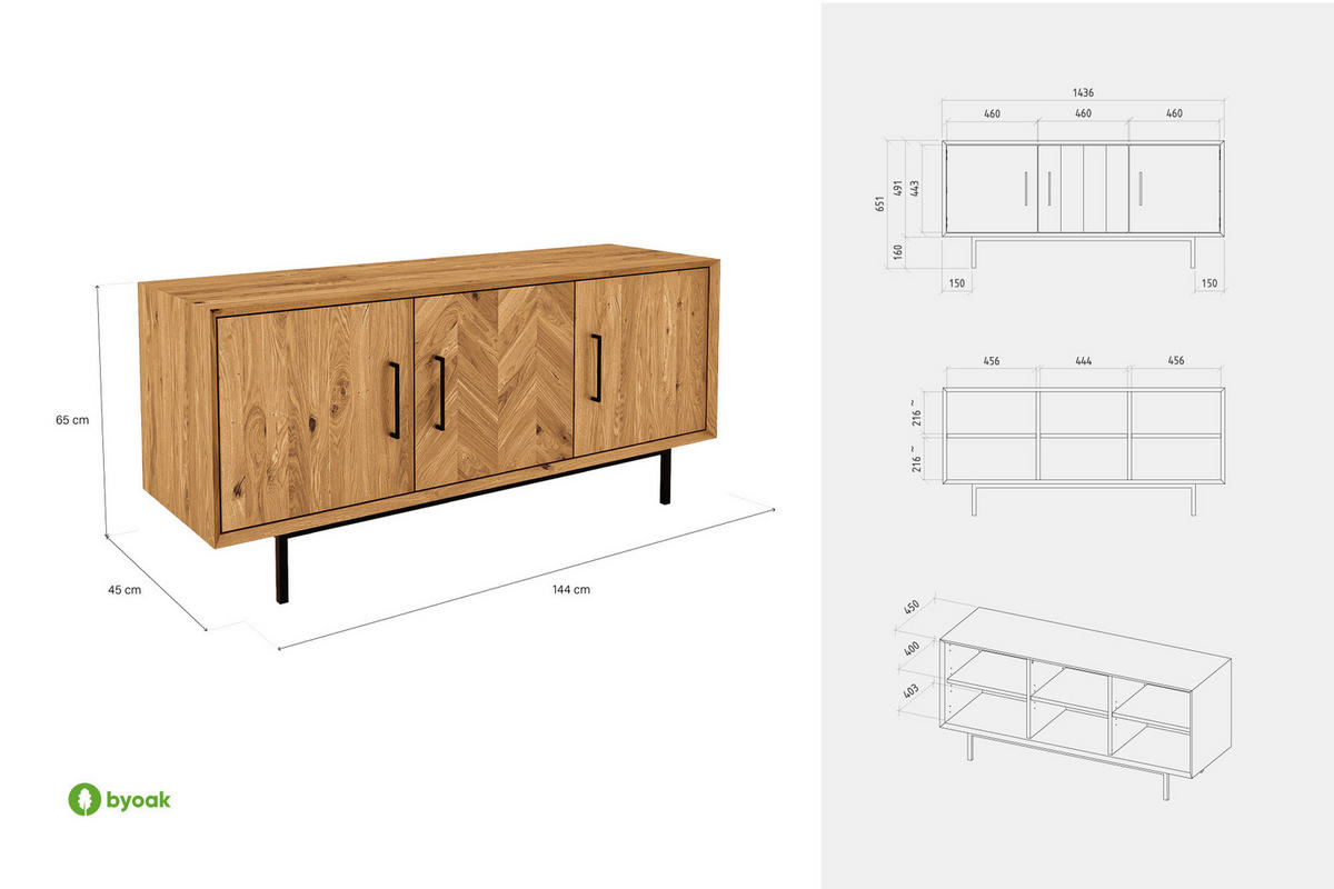 KOMMODE BREIT LEON Wildeiche - Wildeiche, Holz (144/65/45cm) - byoak