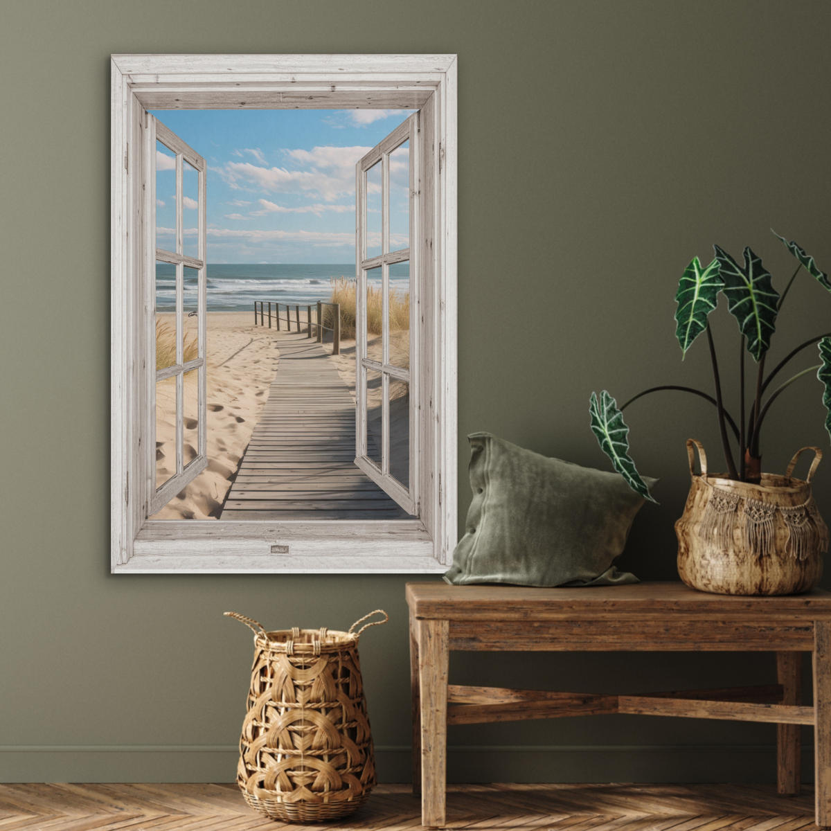 AKUSTIKBILD Fenster - Meer - Küste - Natur - Ausblick - Strand - Wattenmeer Wanddeko 60x90 cm - Beige, Kunststoff (60/90/0.9cm) - MuchoWow