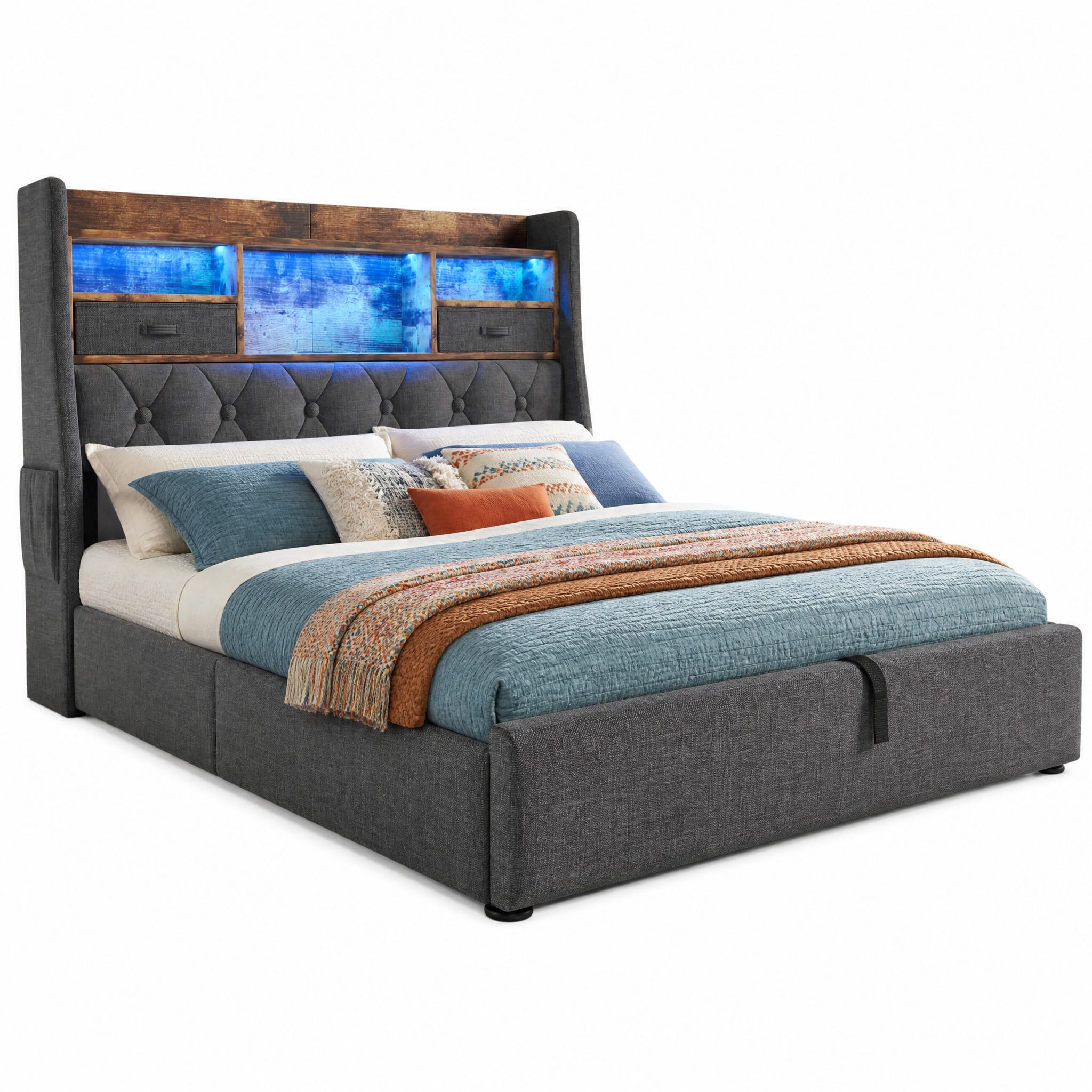 POLSTERBETT 160/200 cm in Grau mit Bettkasten, LED, USB und Type-C Leinen Retro-Design - Grau, Holzwerkstoff/Textil (160/200cm) - STILVORA