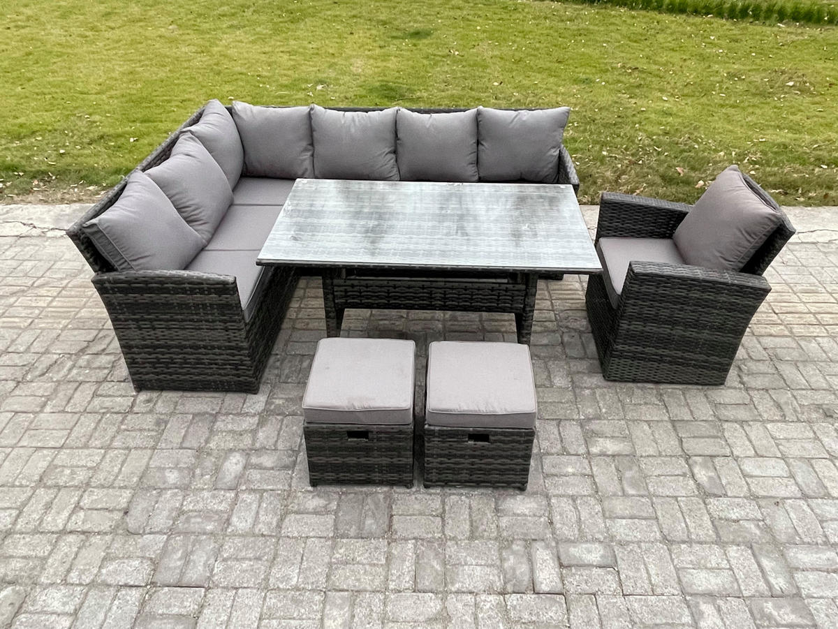 SITZGRUPPE mit Esstisch Polyrattan Dunkelgrau 9-Sitzer - Dunkelgrau/Grau, Glas/Kunststoff - Fimous