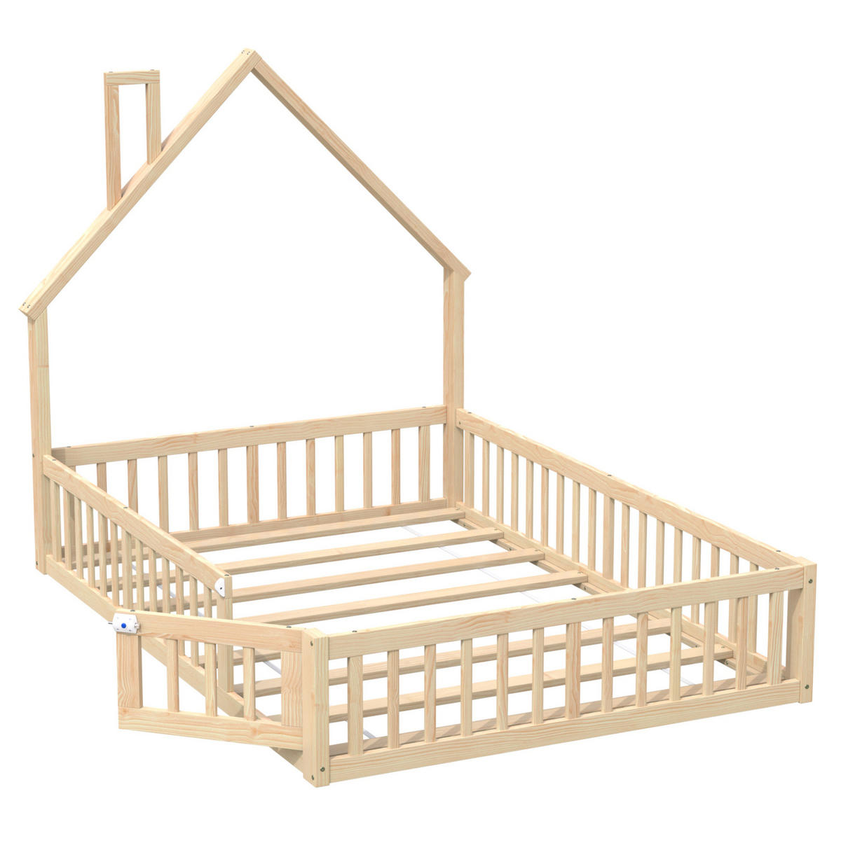 POSTELJA v obliki hiše 140/200 cm naravna z varnostno ograjo in letvenim dnom iz bora in MDF - naravne barve, leseni material (140/200cm) - OKWISH