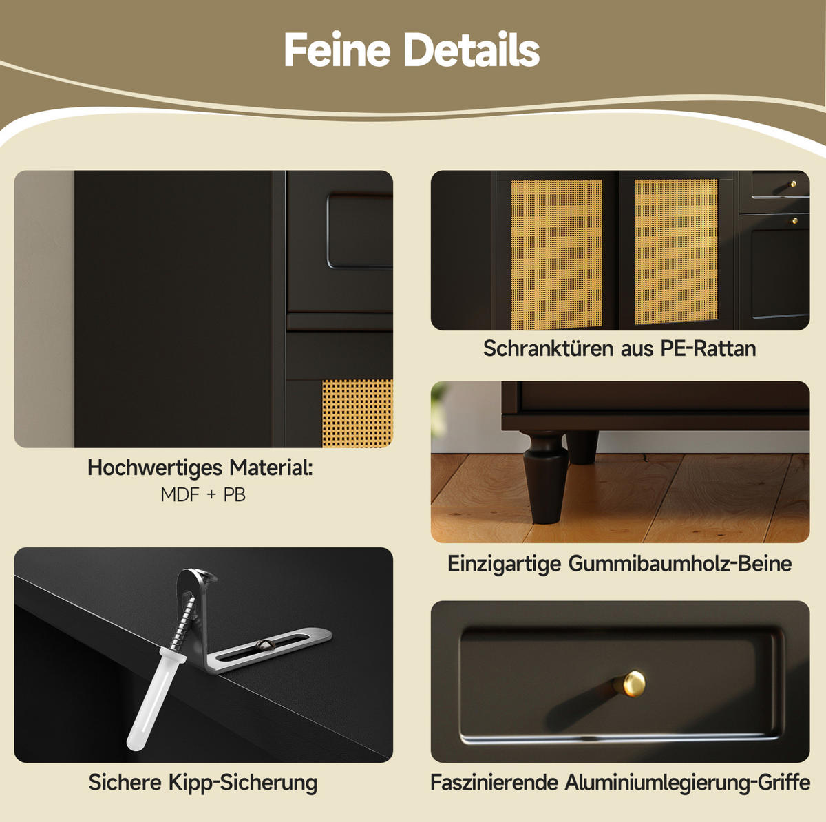ANRICHTE 120/45/195,5 cm in Schwarz mit LED-Beleuchtung und 3 Schubladen - Schwarz, Holzwerkstoff (120/195.5/45cm) - Flora Grace