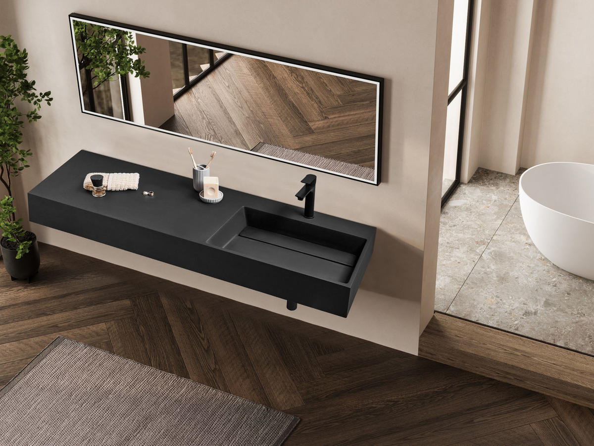 HÄNGEWASCHBECKEN Schwarz 150/48 cm Mineralguss Cusco - Schwarz, Naturmaterialien (150/13/48cm) - Beliani