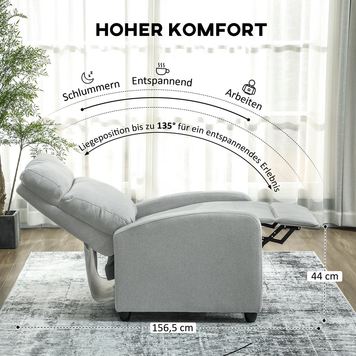 RELAXSESSEL Fernsehsessel mit Liegefunktion, Leinenoptik, für Wohnzimmer Hellgrau - Hellgrau, Textil/Metall (88/101/69cm) - HOMCOM