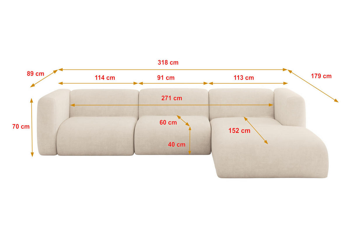 ECKSOFA Ottomane Rechts MIRA-L2 318x179x89 Beige Velours - Greige/Beige, Holzwerkstoff/Kunststoff (318/179cm) - ALTDECOR