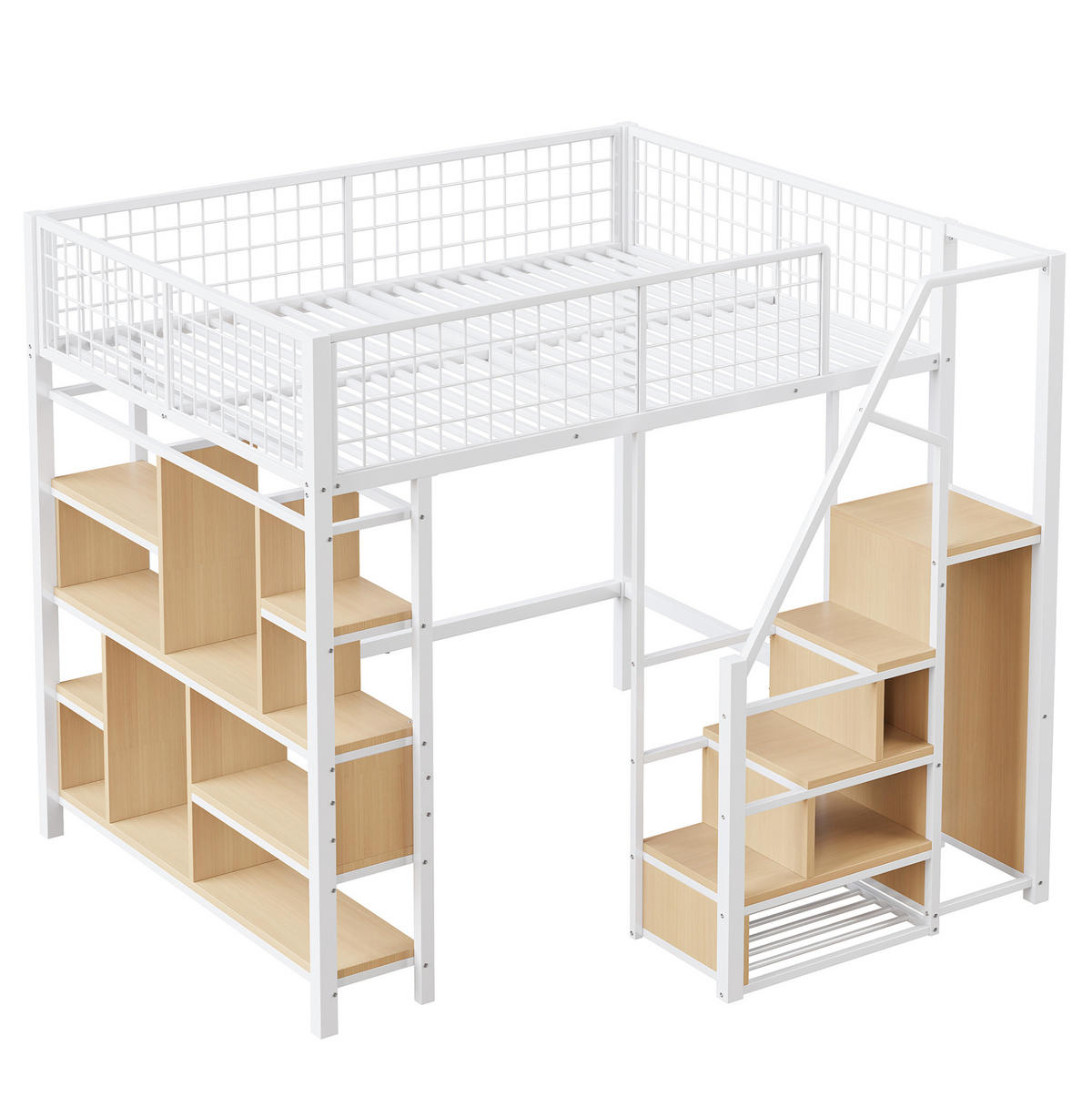 HOCHBETT 140/200 cm weiß Metallbett mit Stauraumtreppe und Ablageflächen mit Matratze - Weiß, Metall (140/200cm) - OKWISH