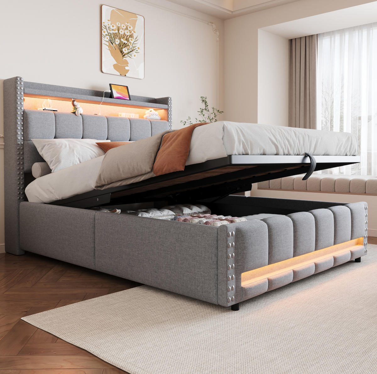 ČALÚNENÁ posteľ z ľanovej látky 140x200 cm svetlosivá s LED osvetlením, USB portom a úložným priestorom - svetlosivá, textil (140/200cm) - Modfu