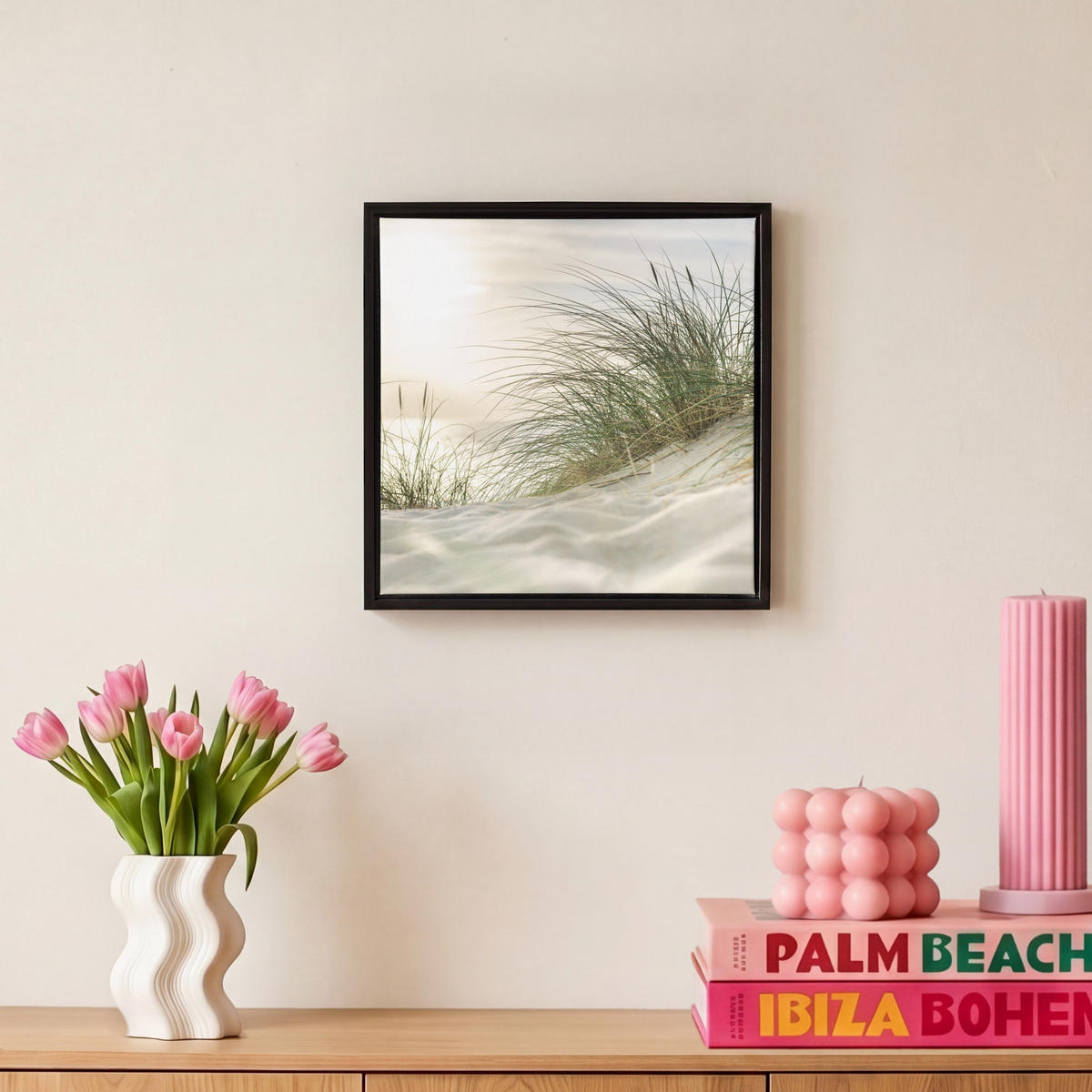 LEINWAND Bilder mit Rahmen - Dünen mit Strandhafer in der Sonne des Nationalparks Schleswig-Holsteinisches Wattenmeer - 20x20 - Creme, Textil (20/20cm) - MuchoWow