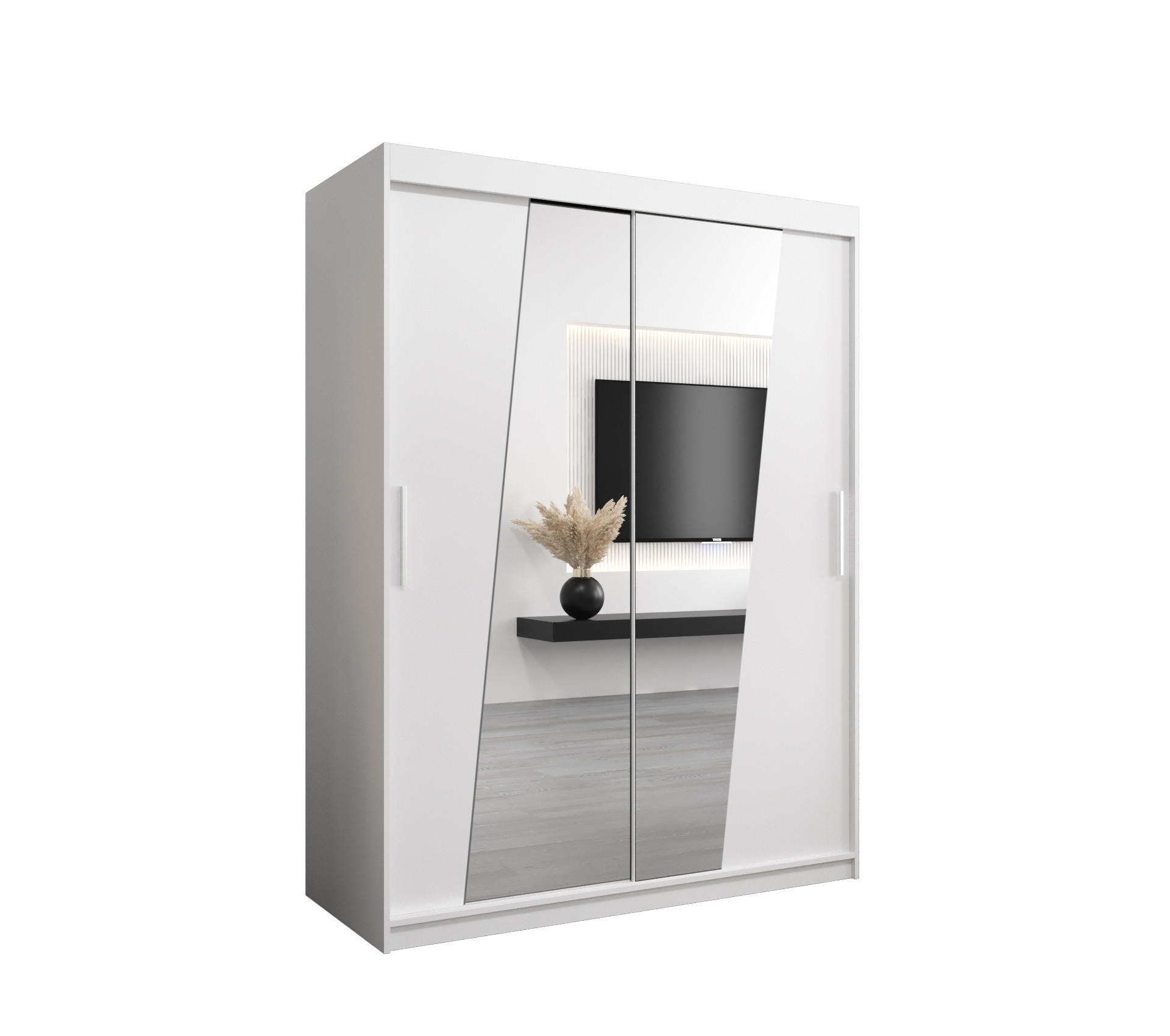 SCHWEBETÜRENSCHRANK 200/150/62 2-türig - Silberfarben/Weiß, Holz/Kunststoff (150/200/62cm) - MÖBEL KRYSPOL