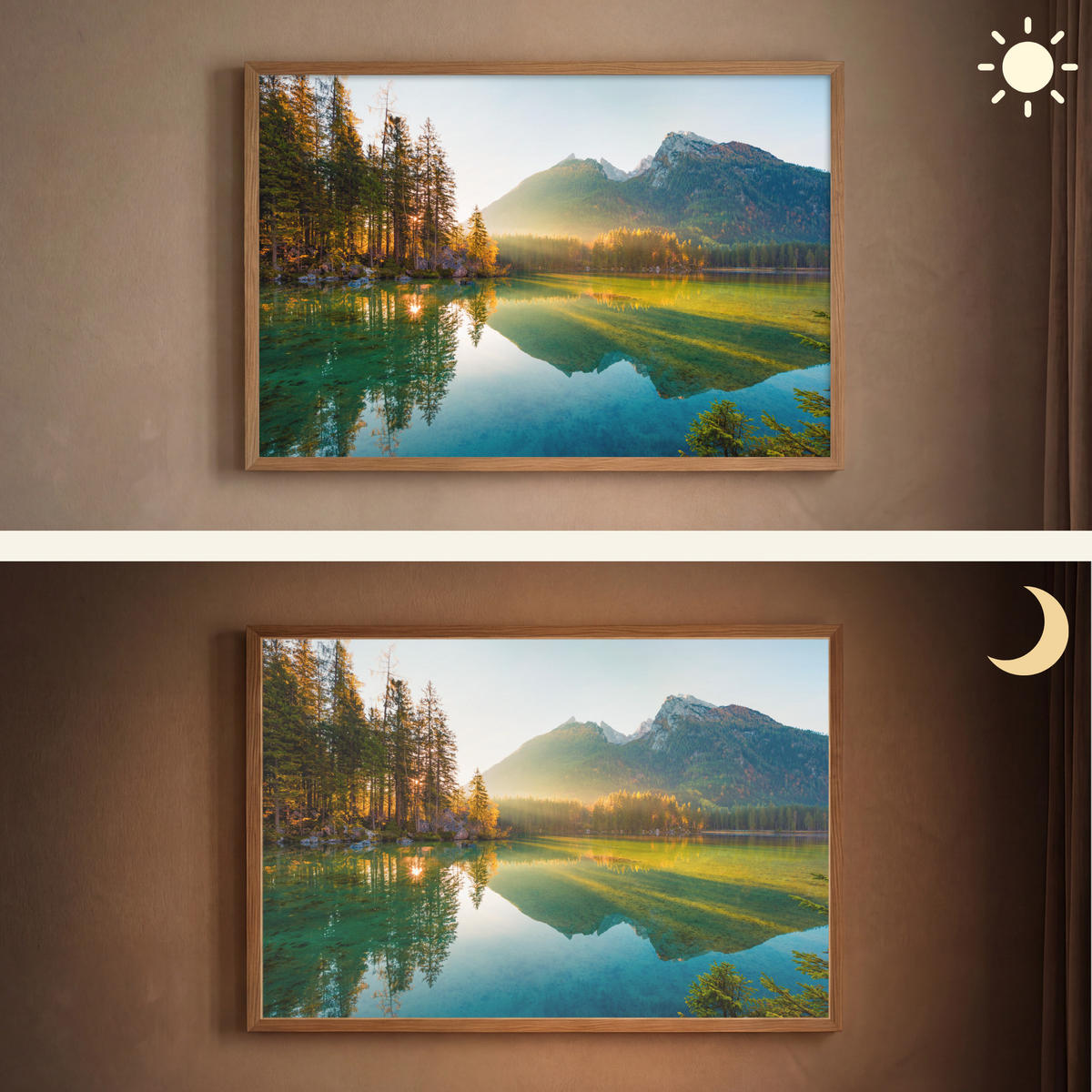 WANDLEUCHTE MIT AKKU See - Wald - Berge - Natur - Sonne - Landschaft 100x70 cm - Grün, Holzwerkstoff (100/70/8cm) - OnlyWow