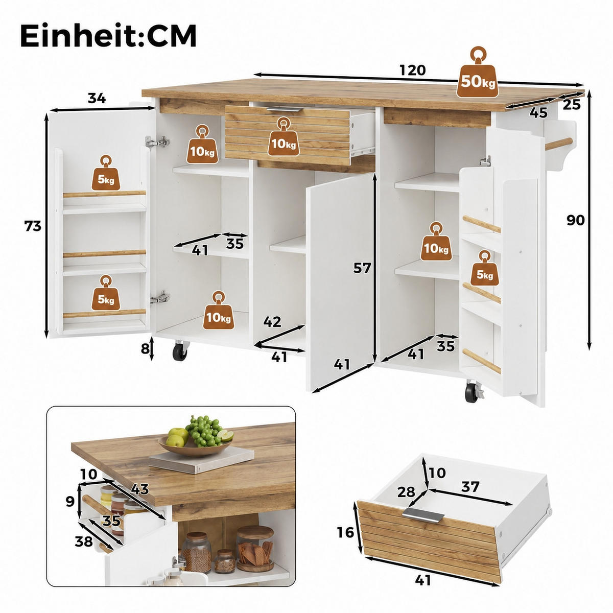 KÜCHENINSEL auf Rollen 120/45/90 cm Weiß mit klappbarer Arbeitsplatte, 1 Schublade und 3-stufigem Türregal - Silberfarben/Weiß, Holz/Holzwerkstoff (70/90/120cm) - Oxeza