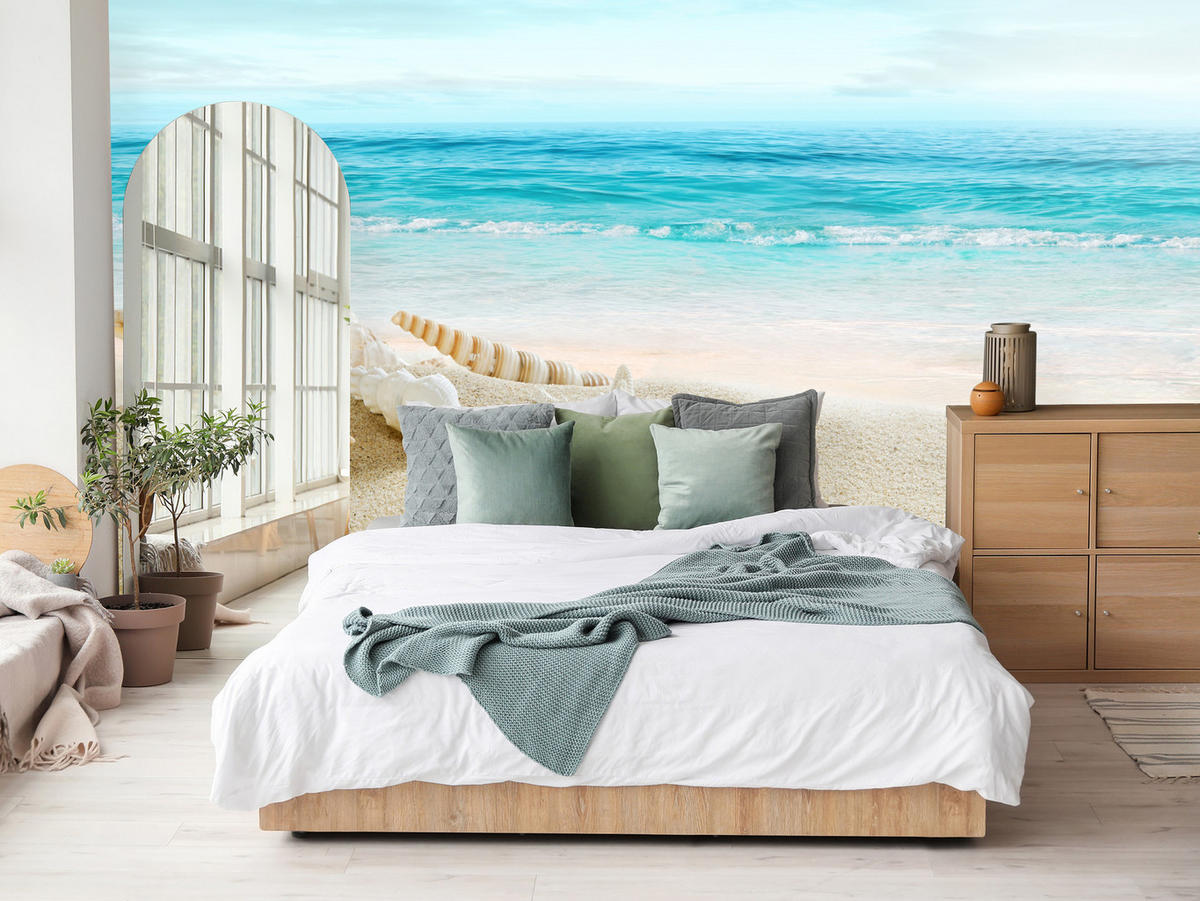 FOTOTAPETE für Badezimmer Muscheln Strand Sand Wellen Meer 150x105 - Beige/Weiß, Papier (150/105cm) - Muralo