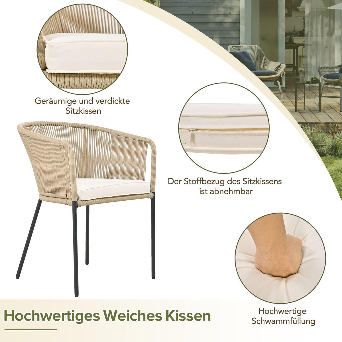 GARTENSET 7-TEILIG 6 Sessel 1 Tisch Seil & Akazienholz Kissen waschbar - Beige, Metall - FLIEKS