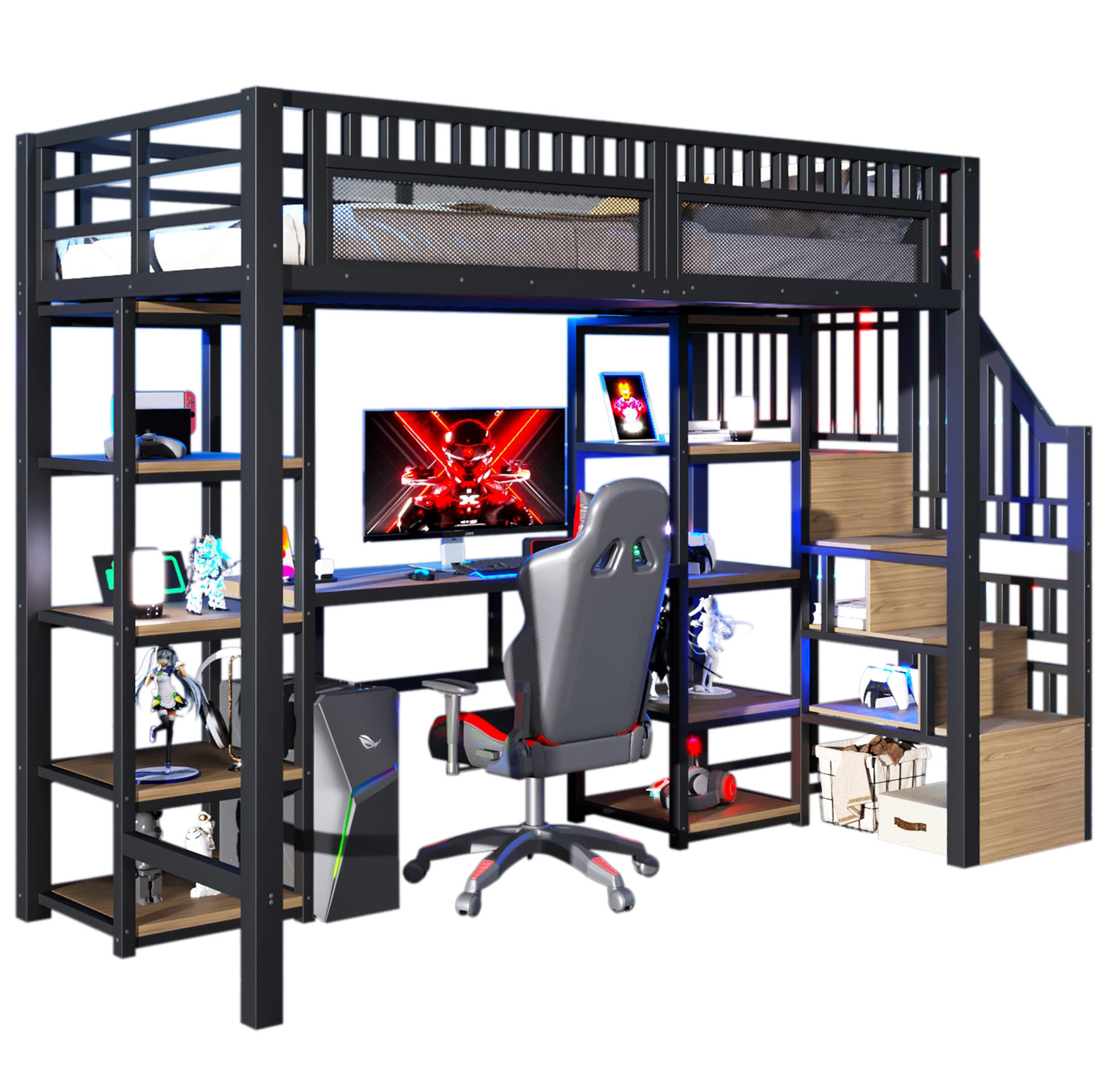 HOCHBETT mit Schreibtisch 90/200 cm in Schwarz – mit Stauraumleiter, Regalen und LED - Schwarz, Metall (90/200cm) - BEAOK