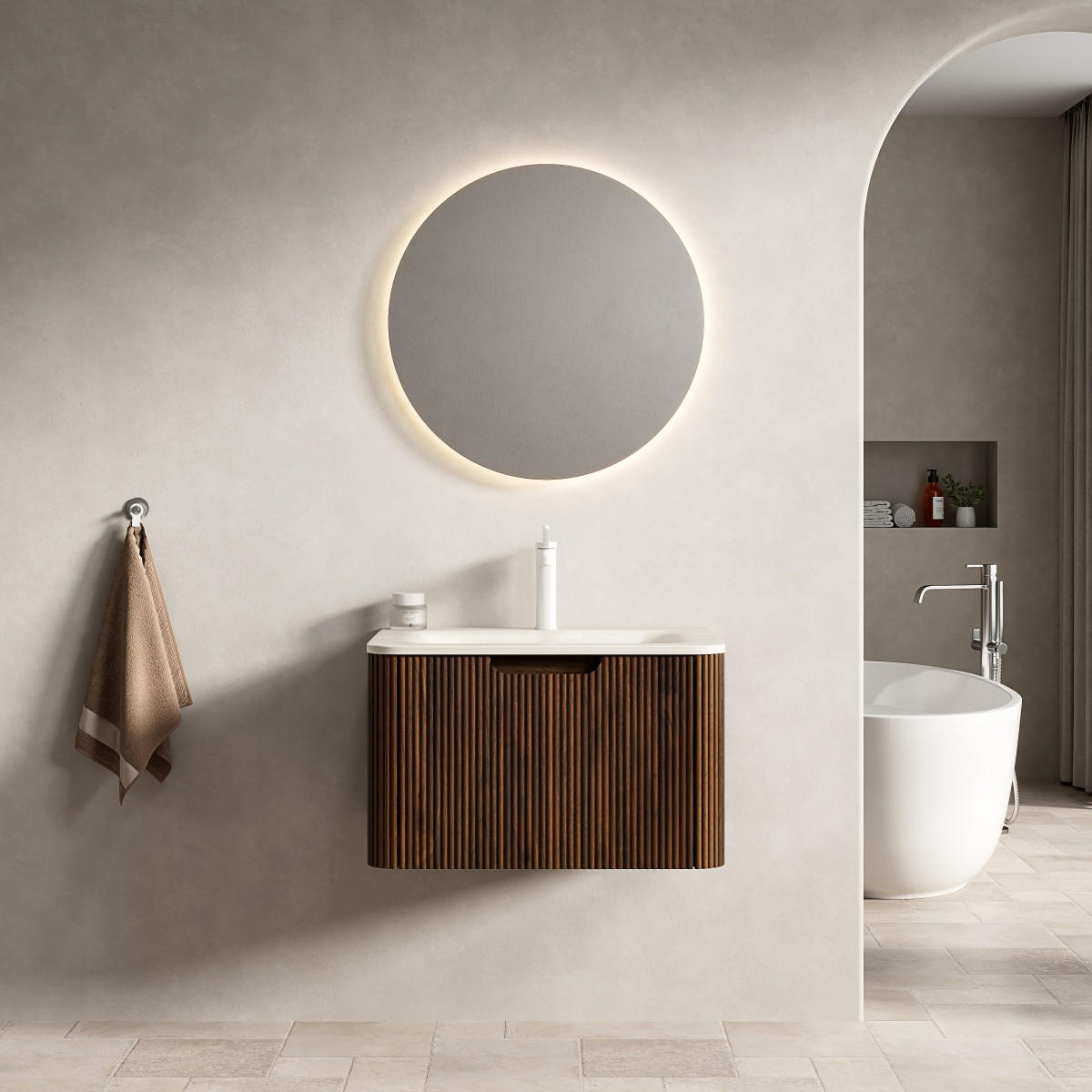 BADMÖBEL Waschtisch 60 cm,Wandhängend Travertin-Waschbecken Walnuss Unterschrank Vormontiert - Braun, Holz (68/49/54cm) - PARAFTA HOME