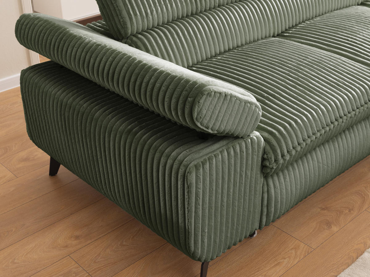 ECKSOFA mit Schlaffunktion und Bettkasten Bonnie aus Olive Cord-Stoff mit verstellbaren Kopfstützen und Armlehne - Ottomane rechts - Schwarz/Hellgrün, Holz/Textil (275/210cm) - S-Style Möbel
