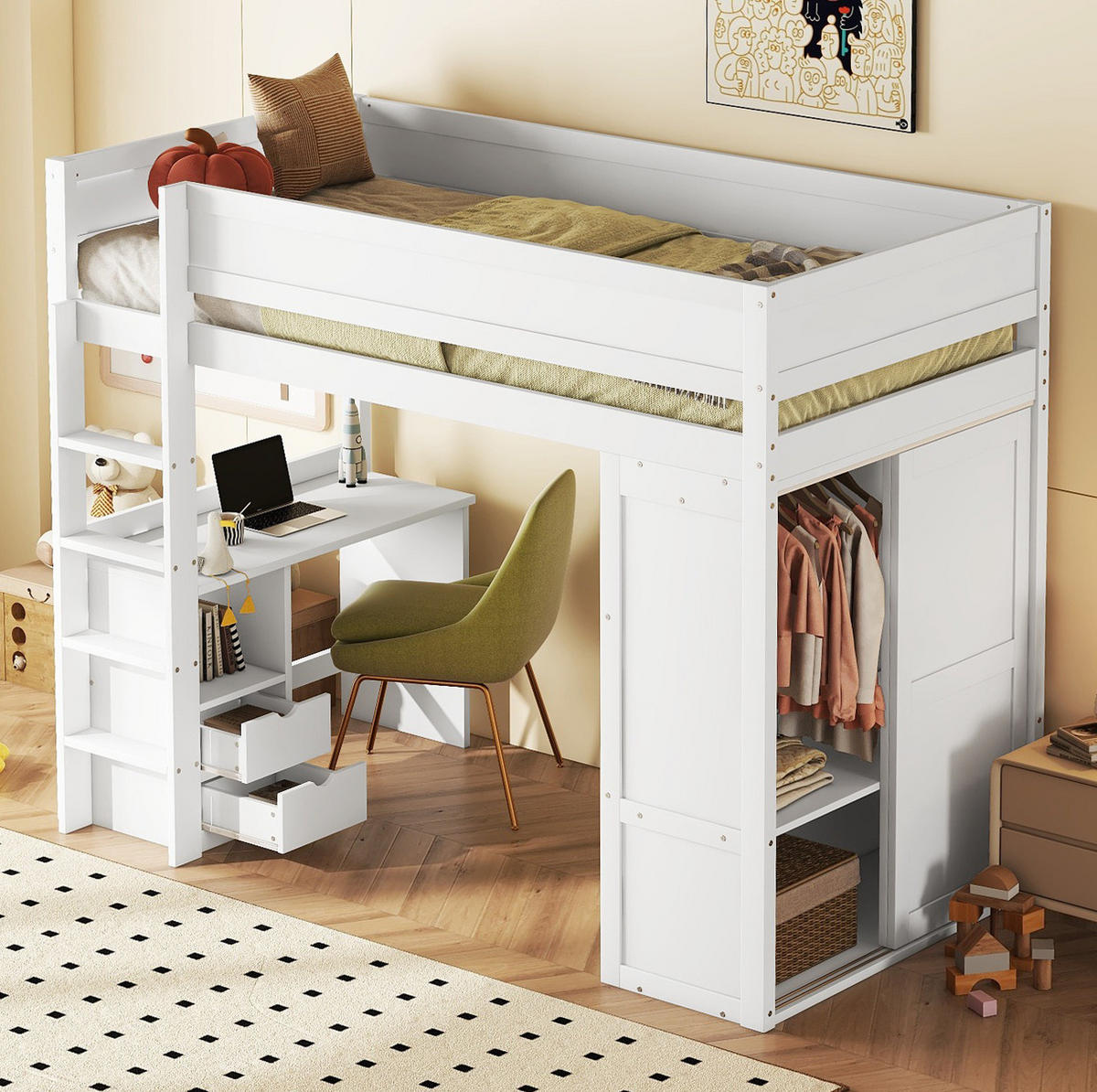 HOCHBETT 90/200 cm Weiß aus Kiefernholz und MDF mit Schreibtisch und Kleiderschrank - Weiß, Holz (90/200cm) - OKMYHOME