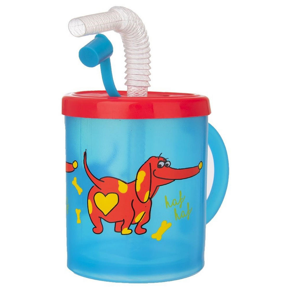 KINDERBECHER HUND MIT STROHHALM, Kunststoff, blau, 260 ml - Blau, Kunststoff (0.26L) - Orion 