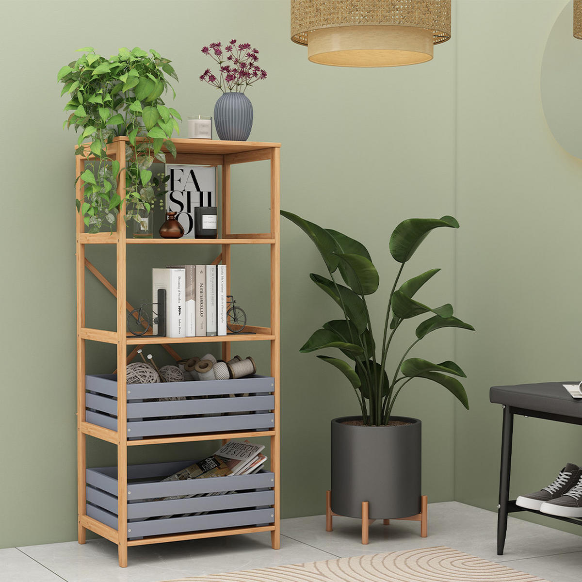 BÜCHERREGAL Novaro Bambus 48.3 x 144 cm mit 5 Fächern - Grün, Holzwerkstoff (48.3/114/35.5cm) - Vicco