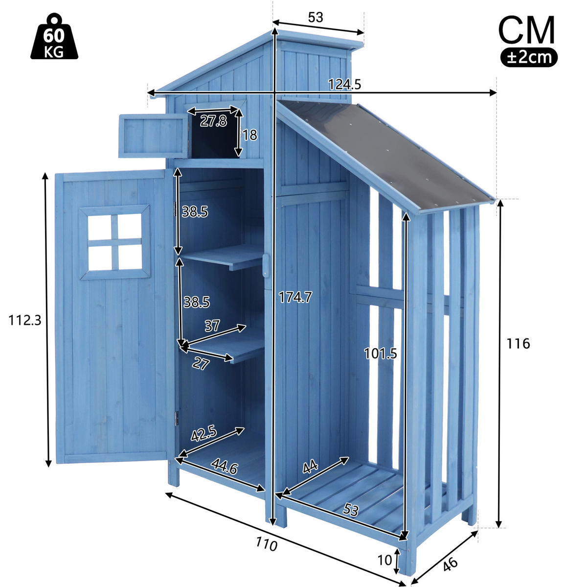 GARTENSCHRANK aus Massivholz 124x46x174cm Blau mit 2 Regalen - Blau, Holz (46/174/124cm) - Modfu