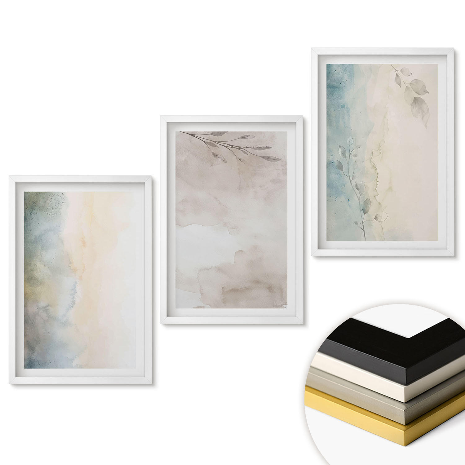 WANDBILDER 3er-Set - 40x60 cm Weißer Rahmen - Zarte Aquarellkartons - Weiß, Kunststoff (40/60cm) - ArtPrintCave