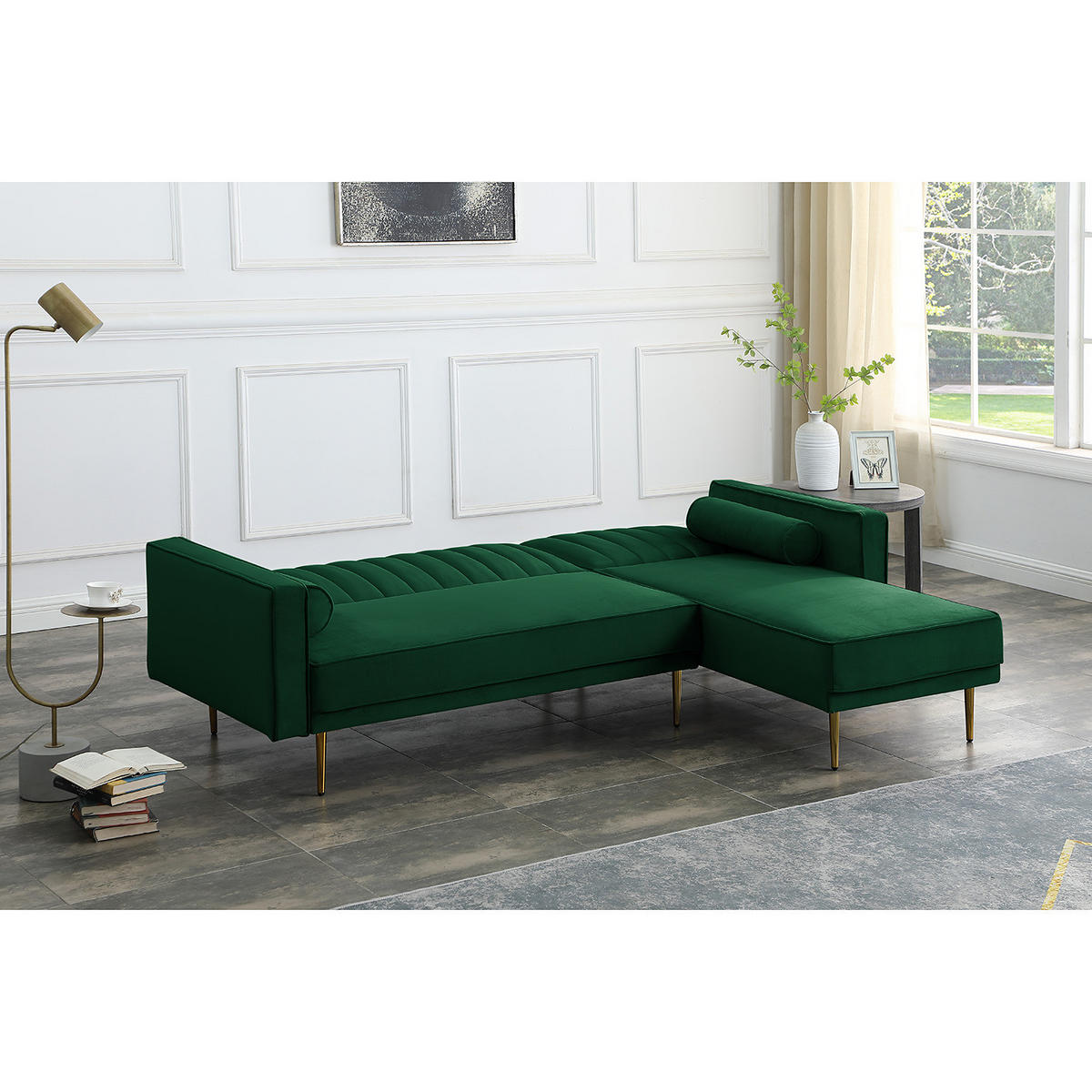 ECKSOFA mit Schlaffunktion - Samt - Dunkelgrün/Goldfarben, Textil/Metall (223/144cm) - home24