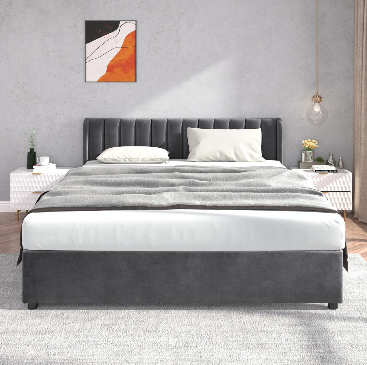 ČALOUNĚNÁ postel ze sametu 180x200 cm šedá s lamelovým roštem, vysokým čelem a 2 zásuvkami - šedá, textil (180/200cm) - Modfu