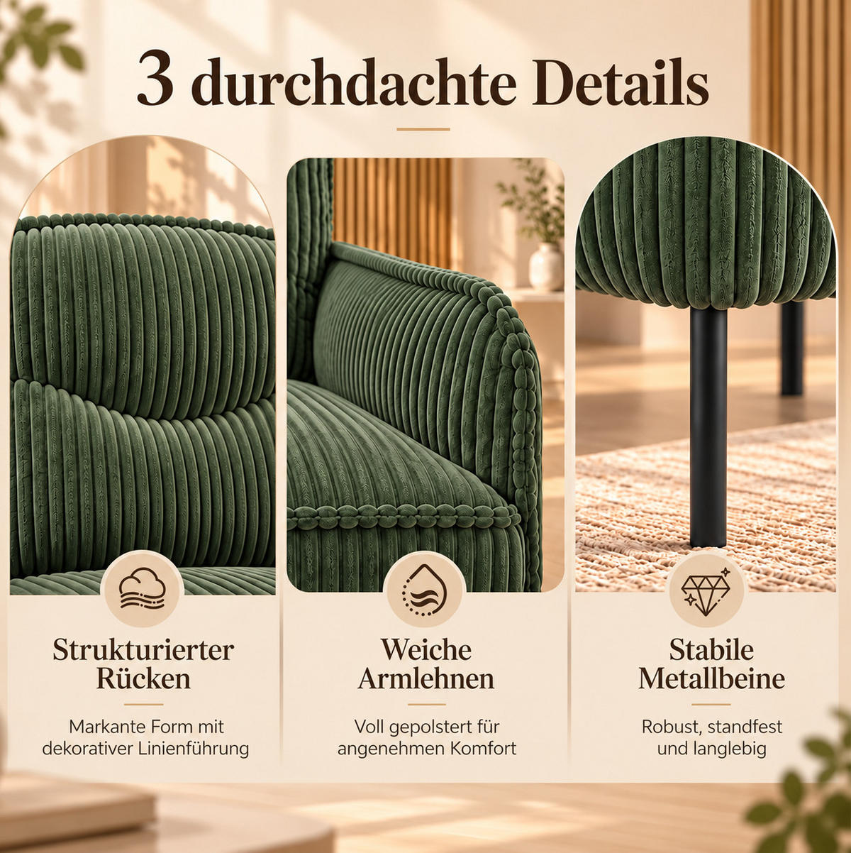 2-SITZER Sofa 122/73/83 cm Cordstoff mit Seitentaschen und Metallbeinen Grün - Grün, Textil (73/83/122cm) - Redom