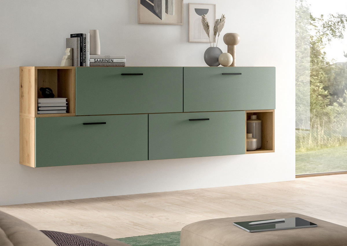 TV-LOWBOARD Grün, Eiche Artisan 176 cm, Fernsehtisch hängend / stehend - Schwarz/Eiche Artisan, Holzwerkstoff/Kunststoff (176/67/34cm) - Inn.Furn