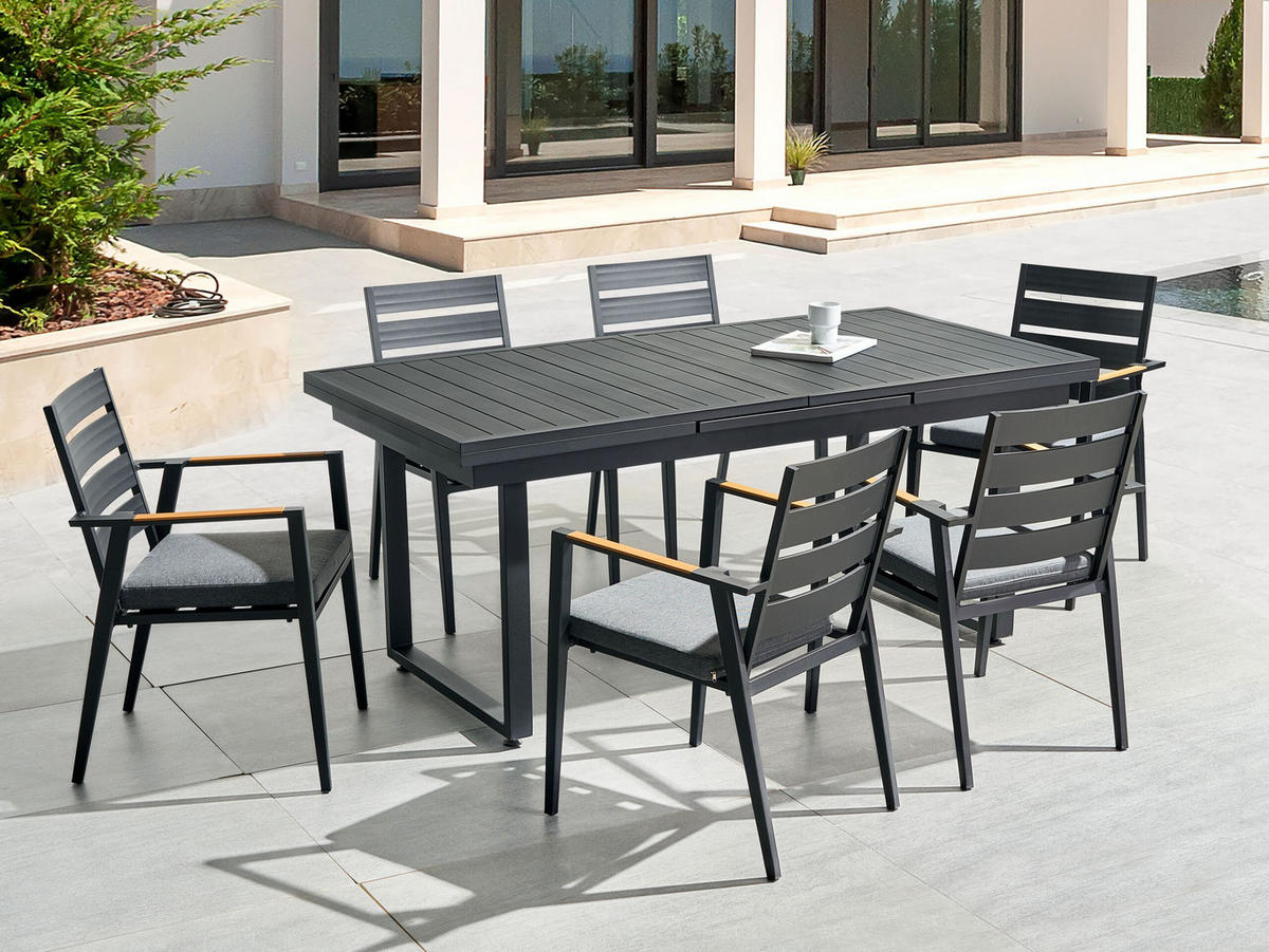 GARTENMÖBEL SET 6-Sitzer Aluminium schwarz Auflagen grau Valcanetto/Taviano - Hellbraun/Schwarz, Metall - Beliani