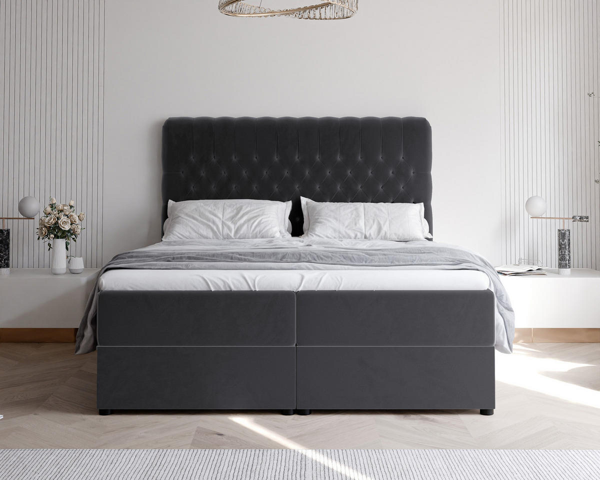 BOXBETT ALBA 180/200 cm, in Dunkelgrau, mit Matratze und Topper - Dunkelgrau, Holzwerkstoff/Textil (180/200cm) - Idohome