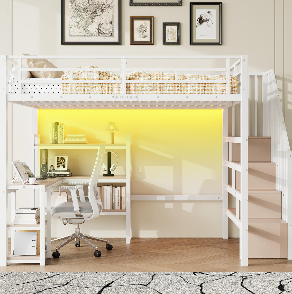 HOCHBETT 140/200 cm mit Treppe, Schreibtisch, Stauraum, USB-Ladestation und LED-Beleuchtung, Weiß - Weiß, Metall (140/200cm) - Redom