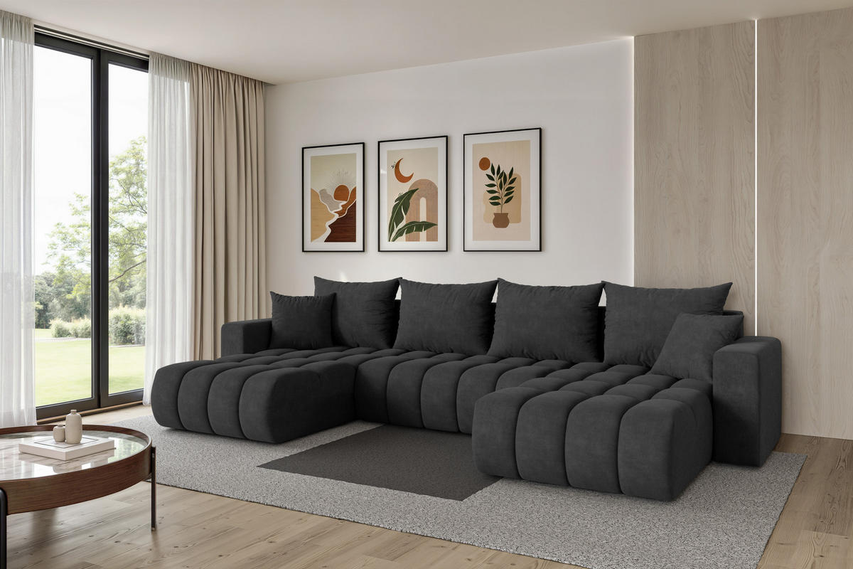 SEDACÍ SOUPRAVA DO U s funkcí spaní a úložným prostorem MILA-U-v1 378x194x86 tmavě šedá velur - černá/antracitová, kompozitní dřevo/textil (378/86/194cm) - ALTDECOR
